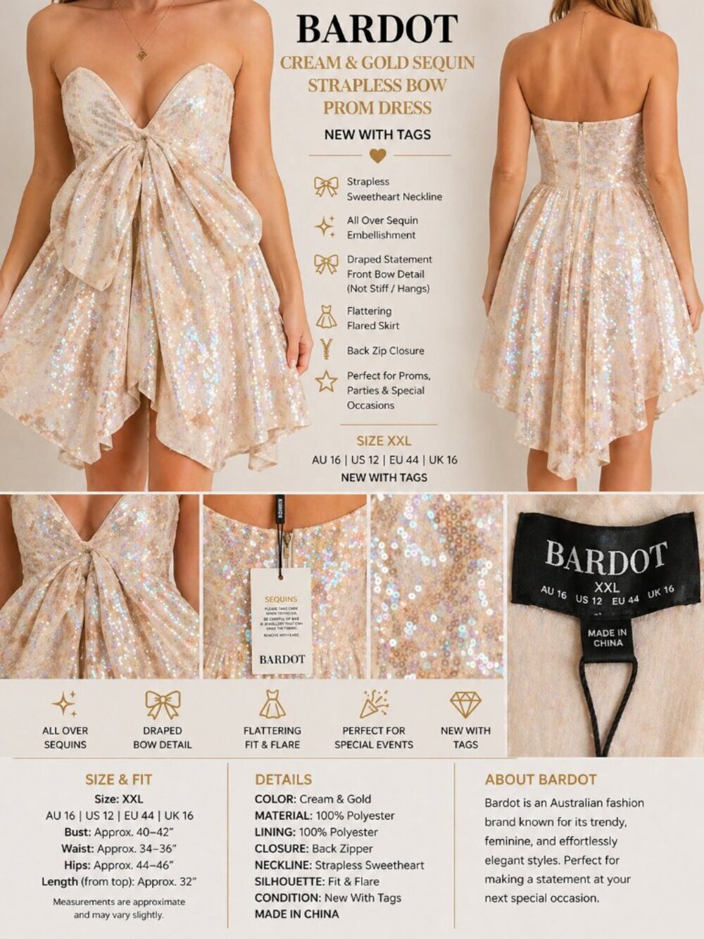 Bardot Cream Gold Sequin Bow Strapless Dress XXL